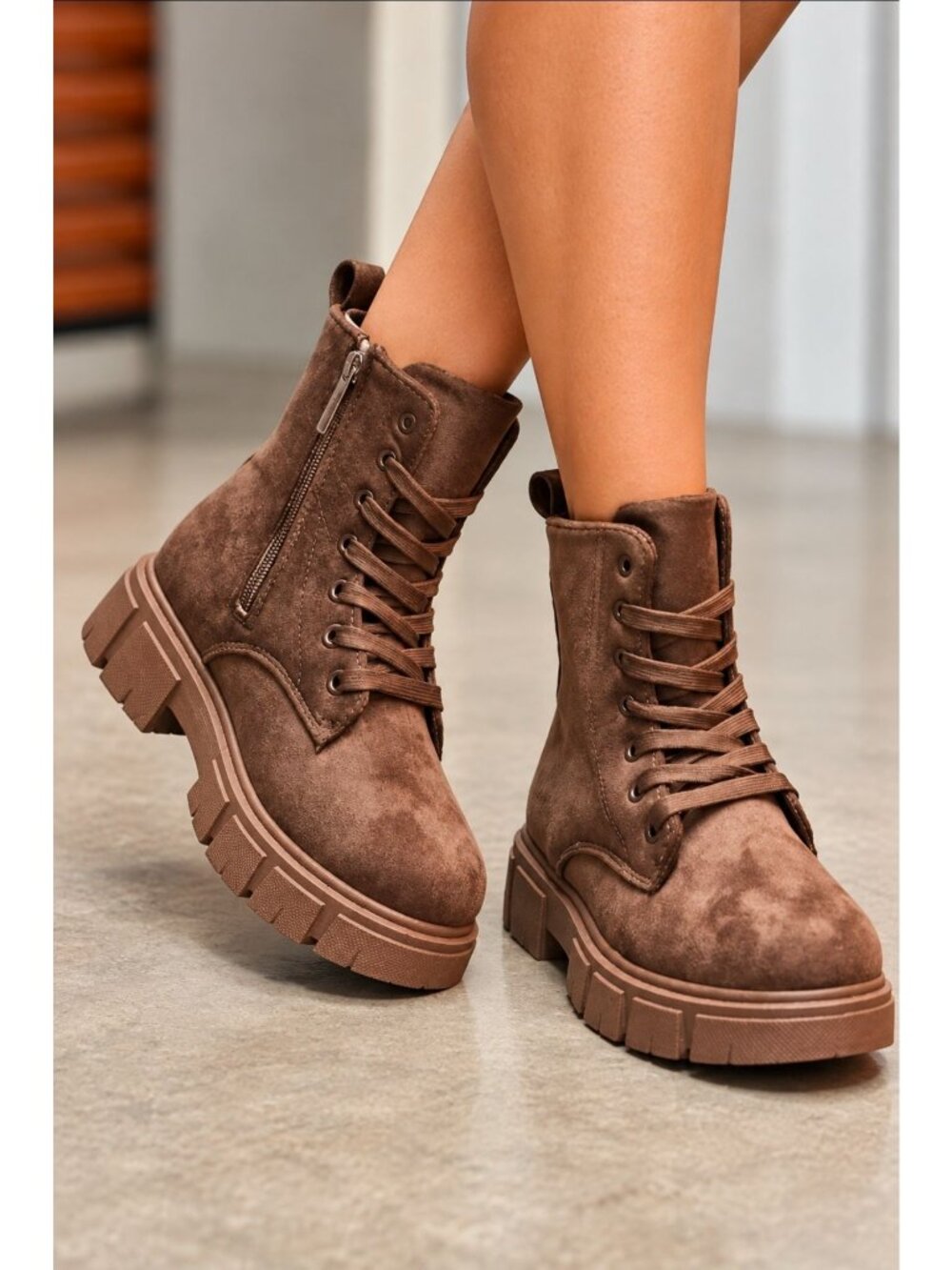 Brown Faux Suede Lace-Up Combat Boots With Chunky Sole & Side Zipper Stylish & D